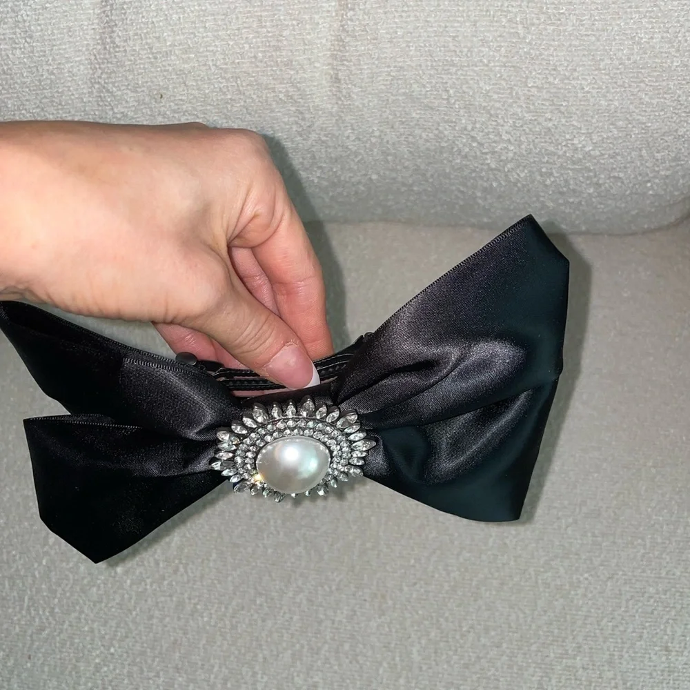 Revolve Lovers and Friends‎ Black Satin Bow Crystals Hair Barette